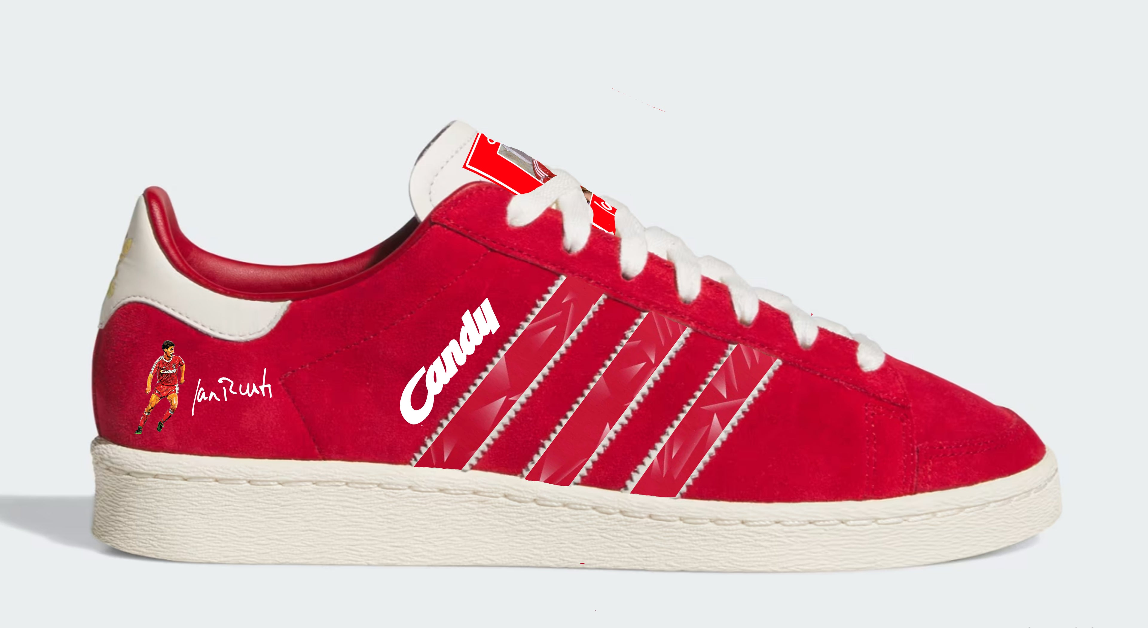 Limited edition Liverpool FC Ian Rush Candy 89/90 Kit  red / white Adidas custom Jabbar trainers / sneakers