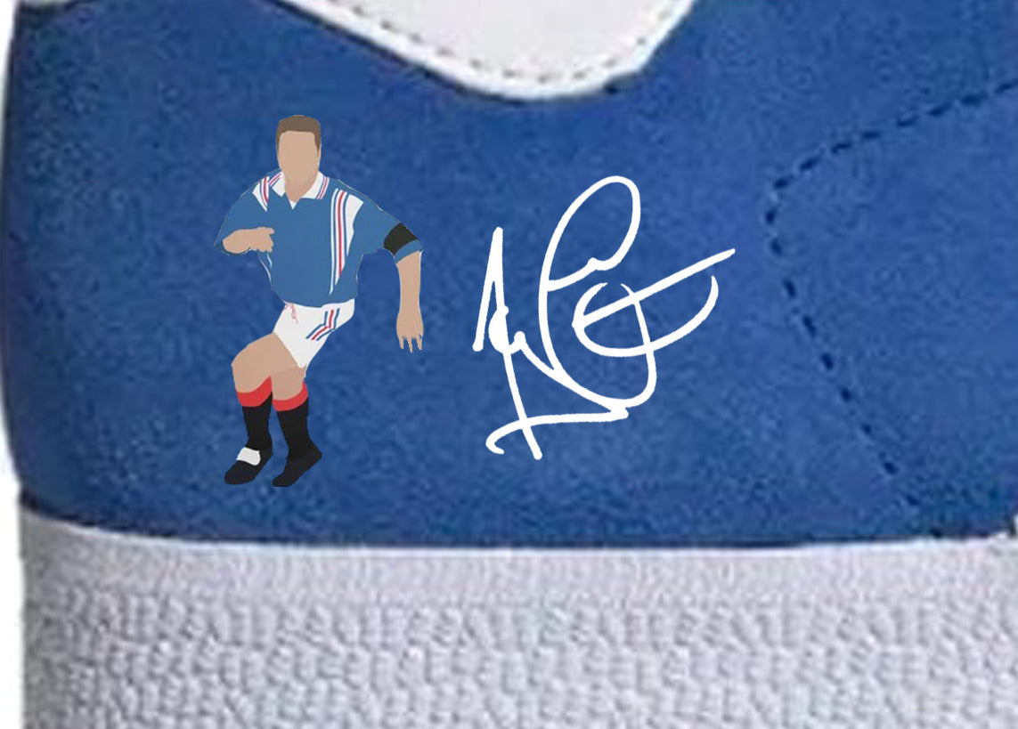 Limited edition Rangers FC Ally Mccoist inspired Blue / red / white Adidas custom Gazelle trainers / sneakers