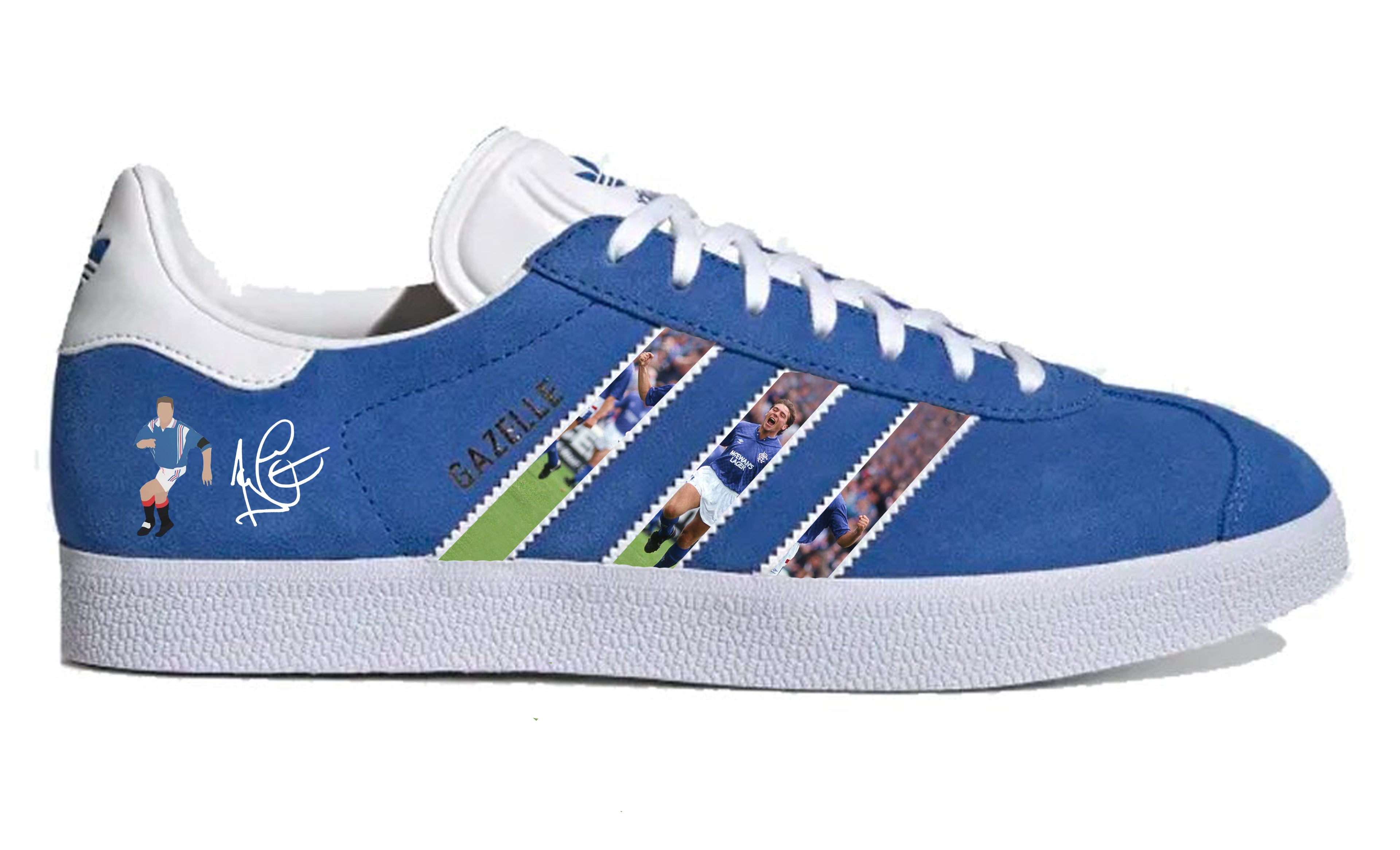 Limited edition Rangers FC Ally Mccoist inspired Blue / red / white Adidas custom Gazelle trainers / sneakers