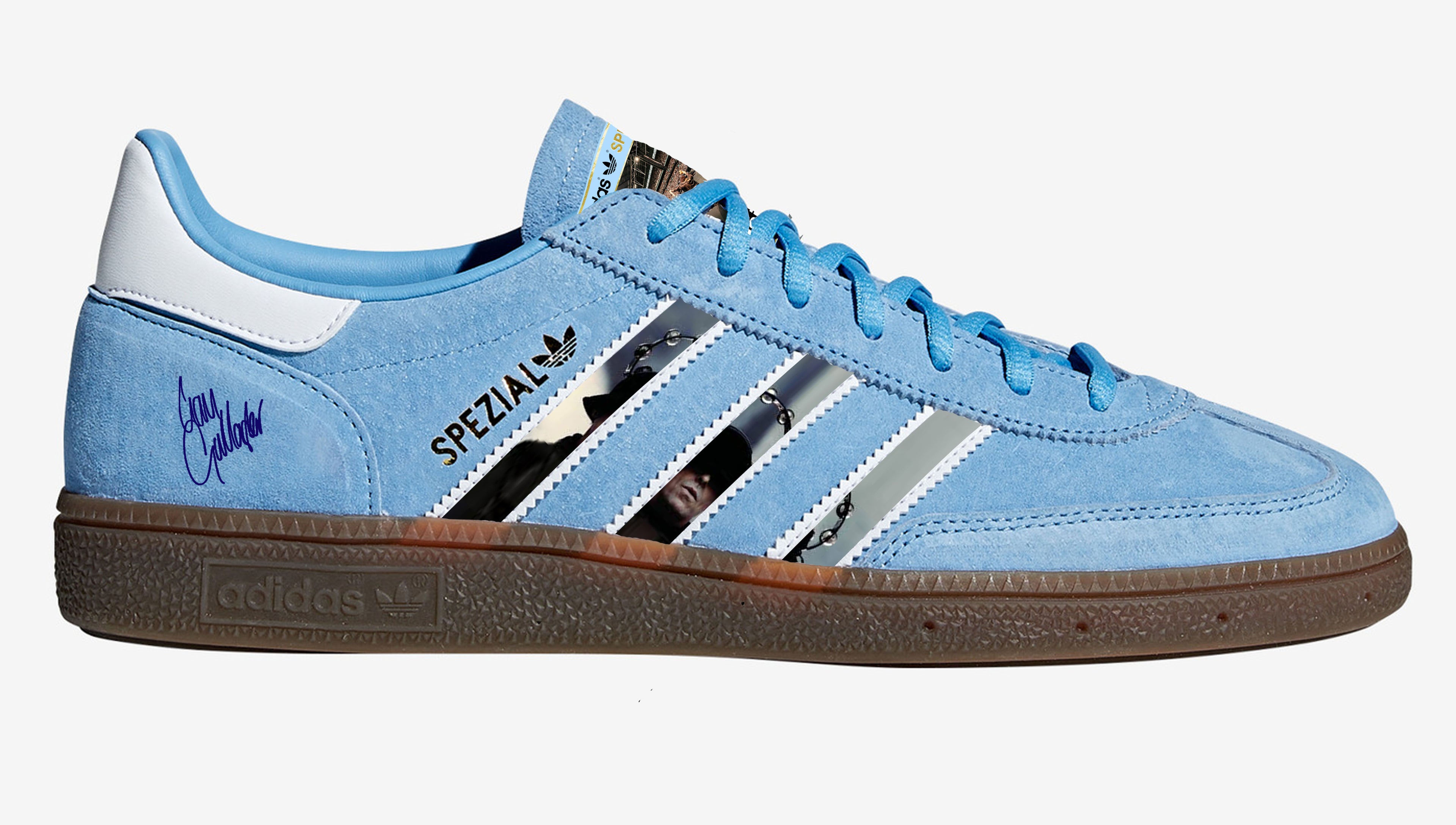 Limited edition Oasis Liam and Noel Adidas custom Light blue / white Handball Spezial trainers / sneakers
