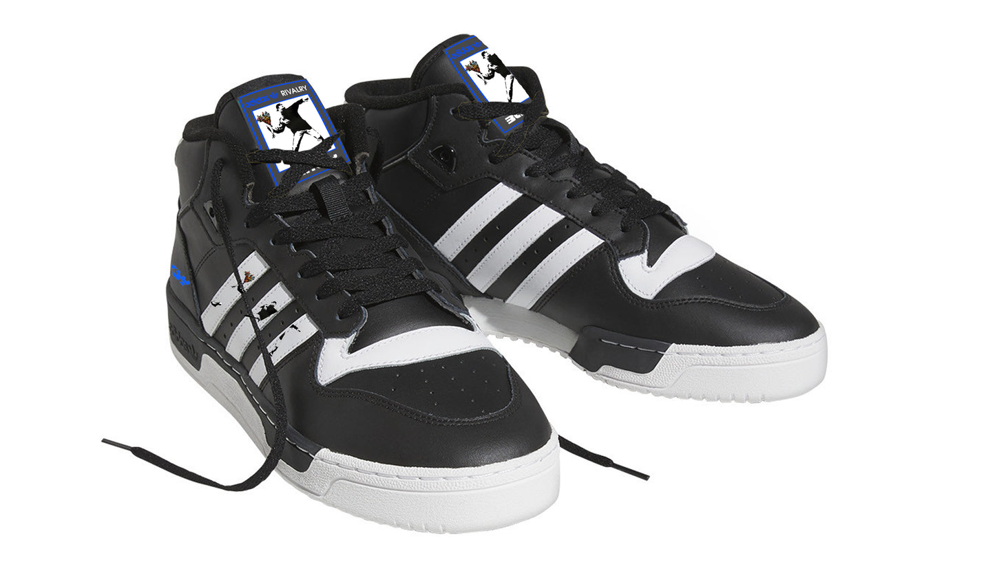 Limited edition Banksy Flower Thrower black/ white/ blue Adidas custom Rivalry Mid trainers / sneakers