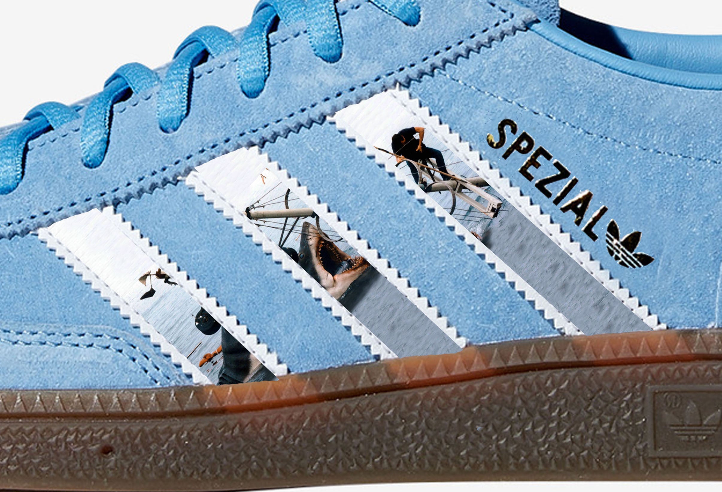 Limited edition Steven Spielberg Jaws movie inspired Sky blue / White Adidas custom Handball Spezial trainers / sneakers