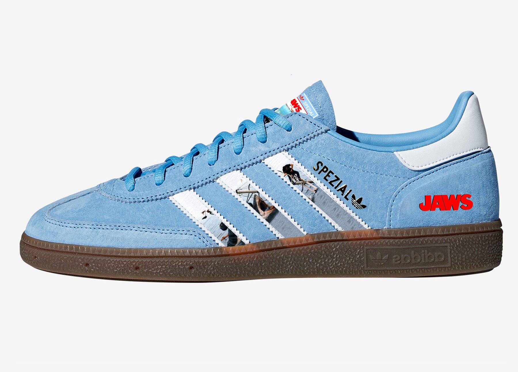 Limited edition Steven Spielberg Jaws movie inspired Sky blue / White Adidas custom Handball Spezial trainers / sneakers