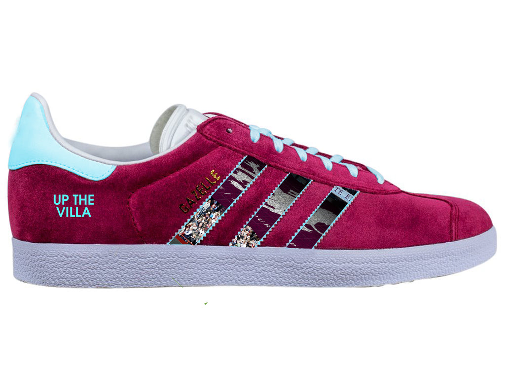 Limited edition Aston Villa Claret / light blue Adidas custom Gazelle trainers / sneakers
