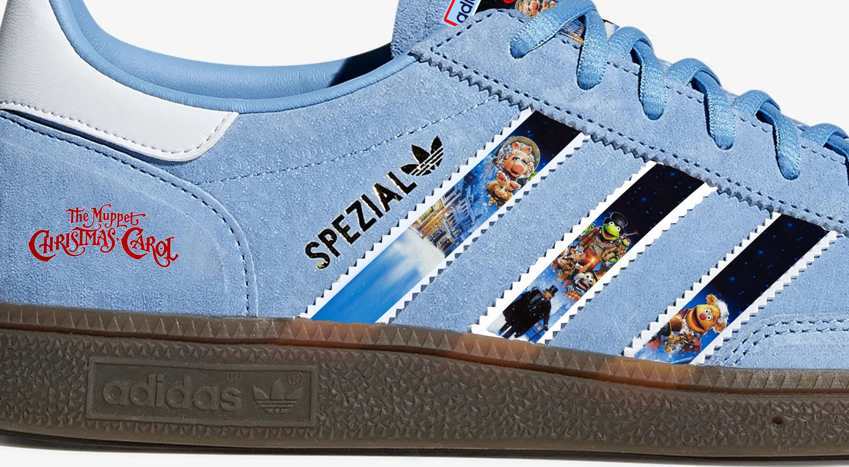Limited edition The Muppets Christmas carol movie inspired Sky blue / White Adidas custom Handball Spezial trainers / sneakers