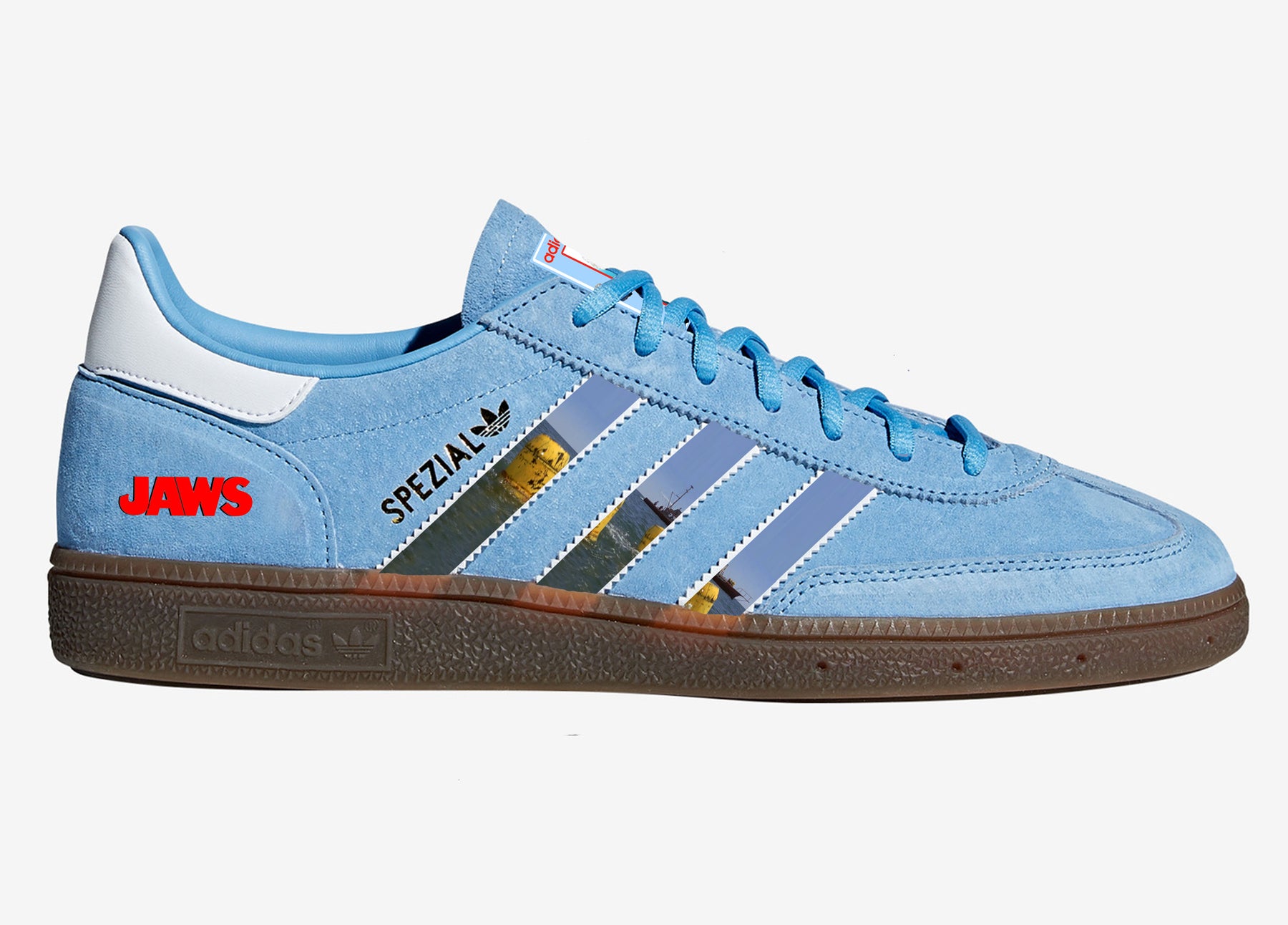 Limited edition Steven Spielberg Jaws movie inspired Sky blue / White Adidas custom Handball Spezial trainers / sneakers