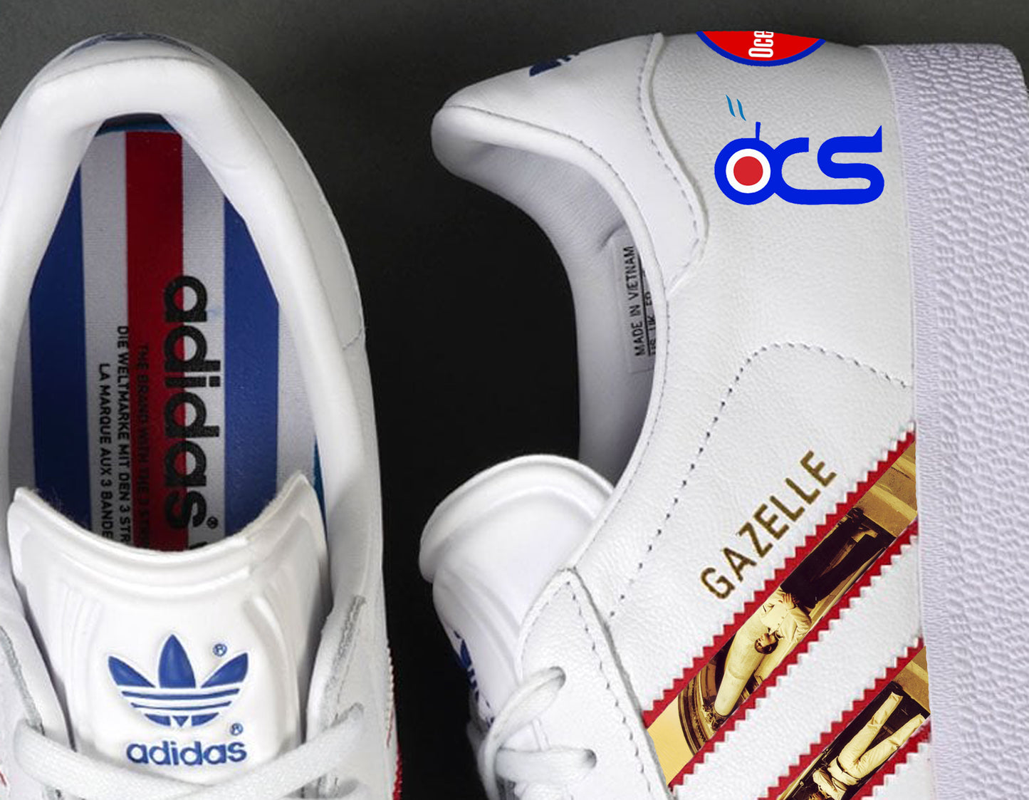 Limited edition Ocean Colour Scene Moseley Shoals custom adidas originals white / red / blue Gazelle trainers / sneakers