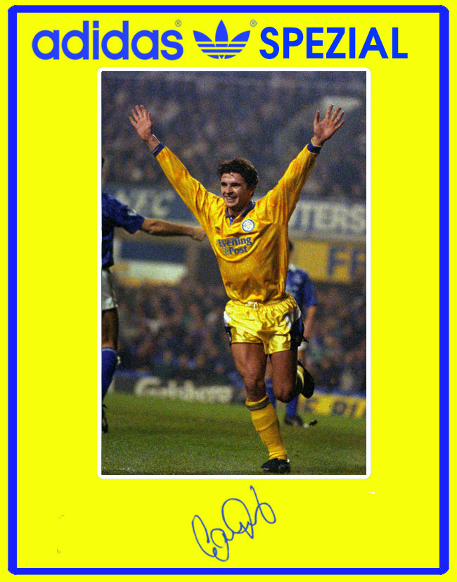 Limited edition Leeds Utd FC retro Gary Speed yellow / blue Adidas custom Spezial trainers / sneakers
