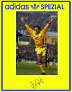 Limited edition Leeds Utd FC retro Gary Speed yellow / blue Adidas custom Spezial trainers / sneakers