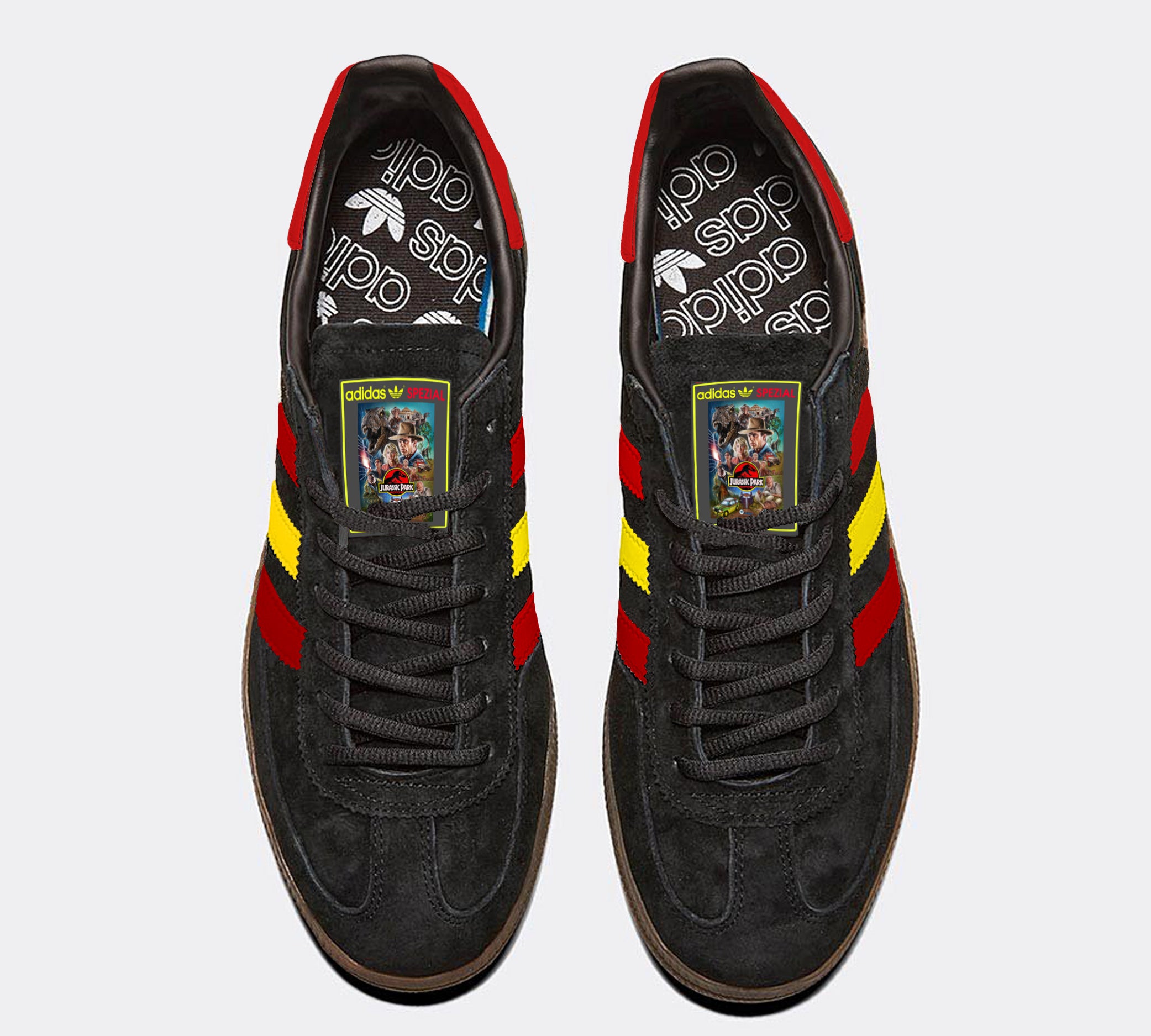 Limited edition Jurassic Park inspired black / red/ yellow Adidas custom Handball Spezial trainers / sneakers