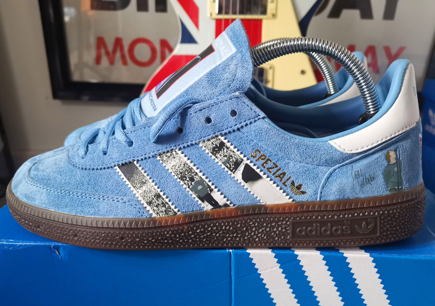 Limited edition Oasis Maine road `96 inspired blue /white Adidas custom Handball Spezial trainers / sneakers