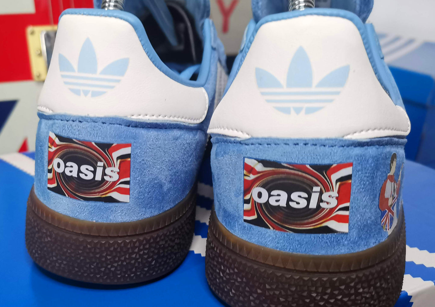 Limited edition Oasis Maine road `96 inspired blue /white Adidas custom Handball Spezial trainers / sneakers