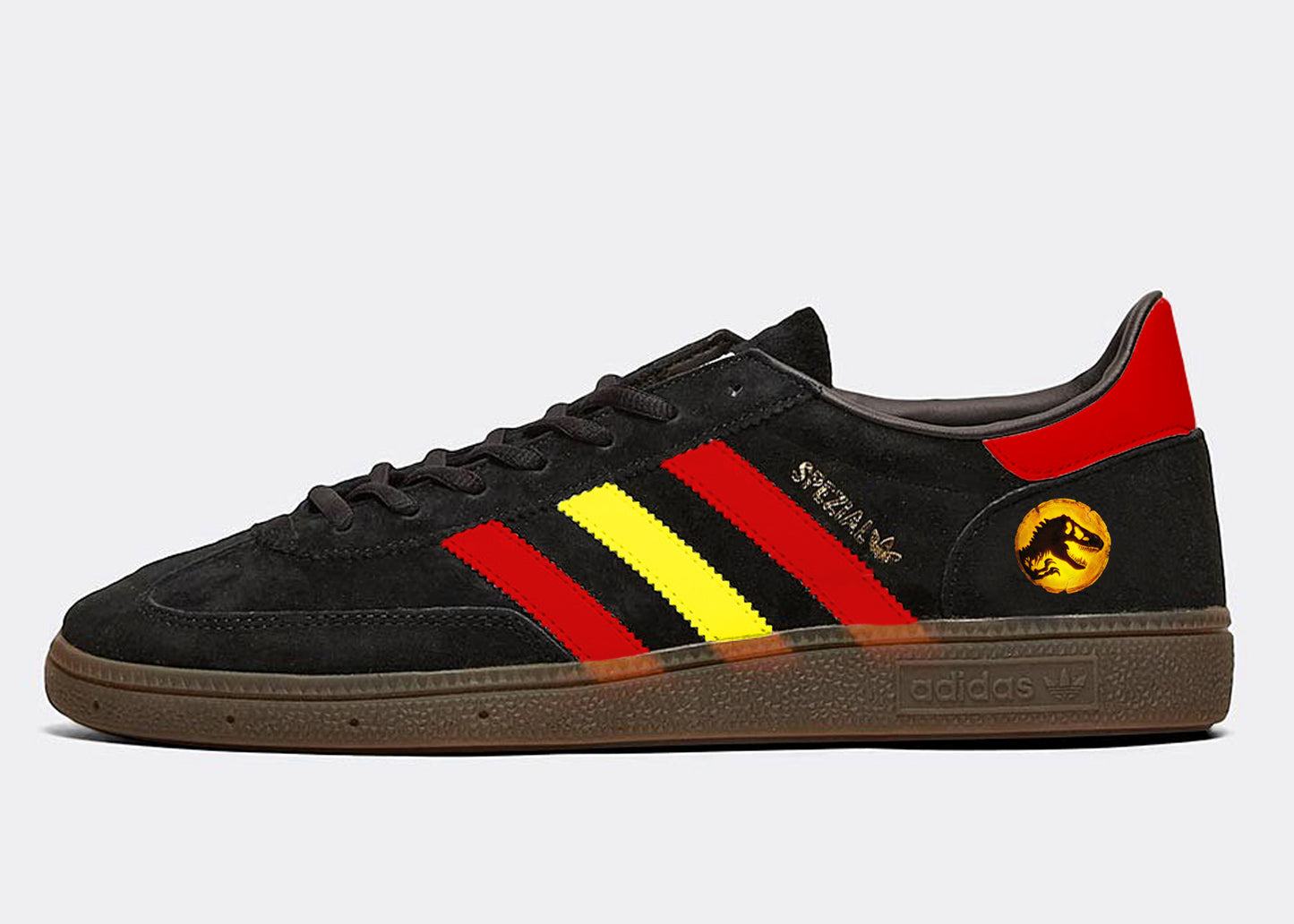 Limited edition Jurassic Park inspired black / red/ yellow Adidas custom Handball Spezial trainers / sneakers