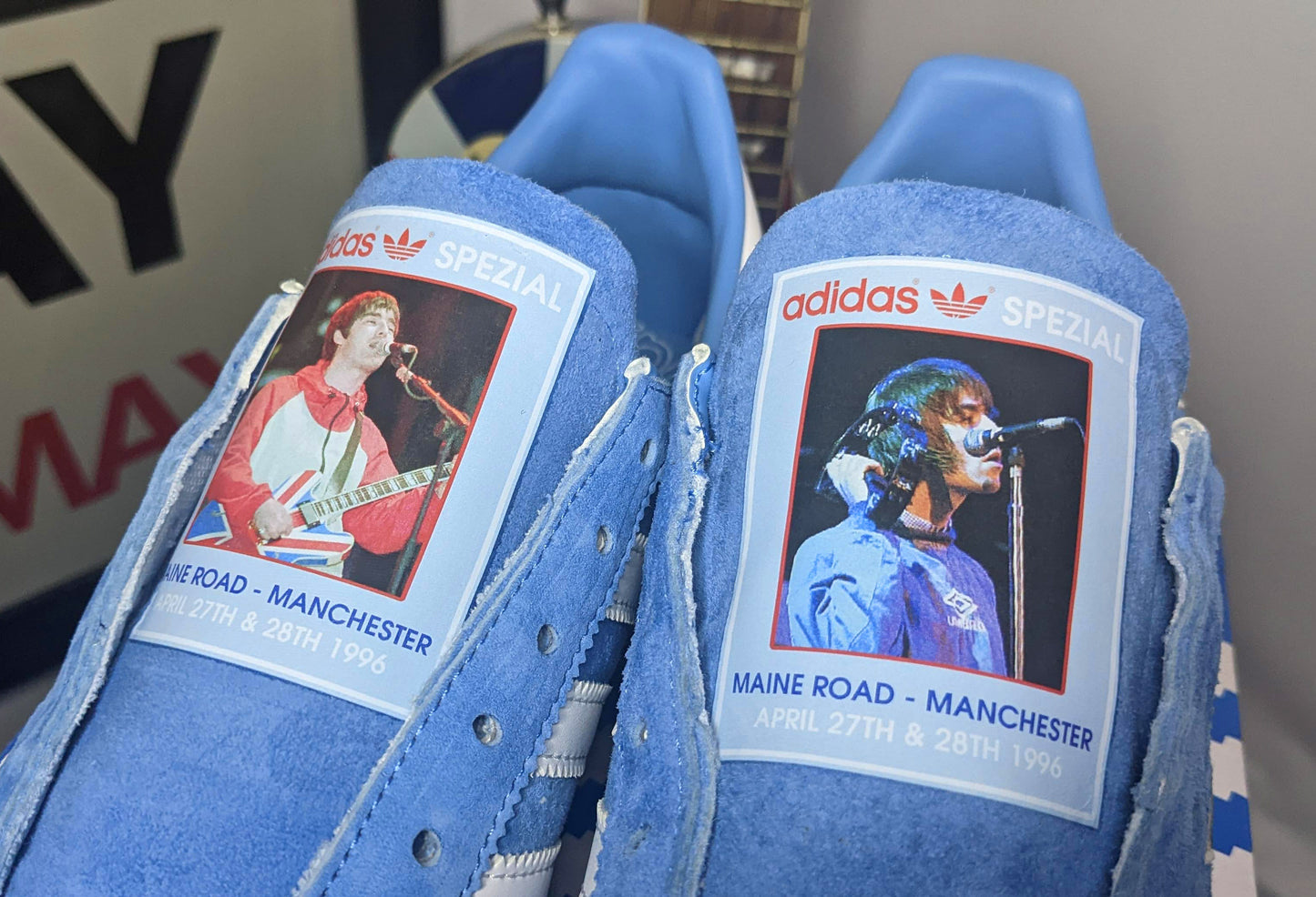 Limited edition Oasis Maine road `96 inspired blue /white Adidas custom Handball Spezial trainers / sneakers