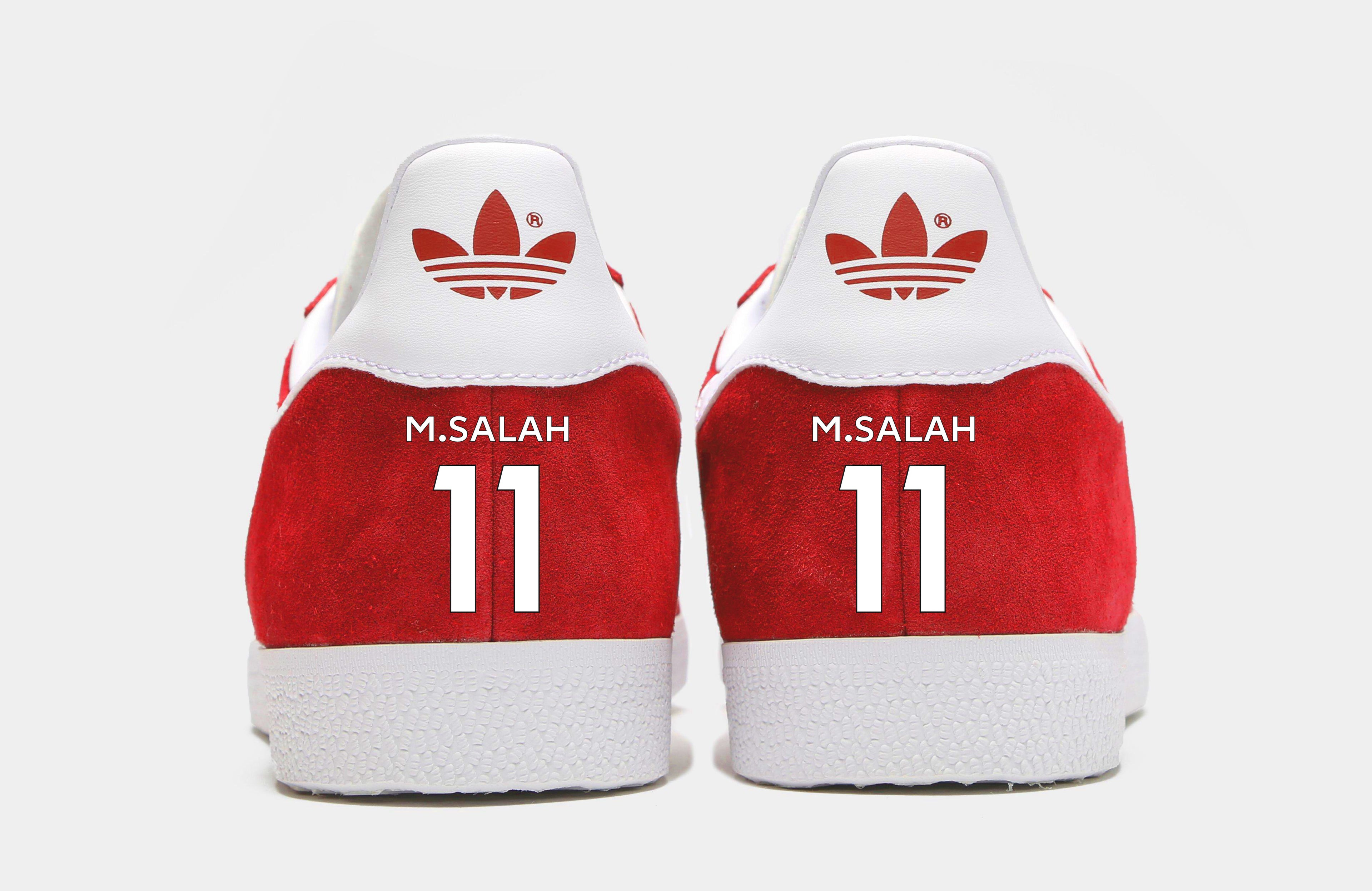 Limited edition Liverpool FC Mo Salah inspired red / white Adidas custom Gazelle trainers / sneakers