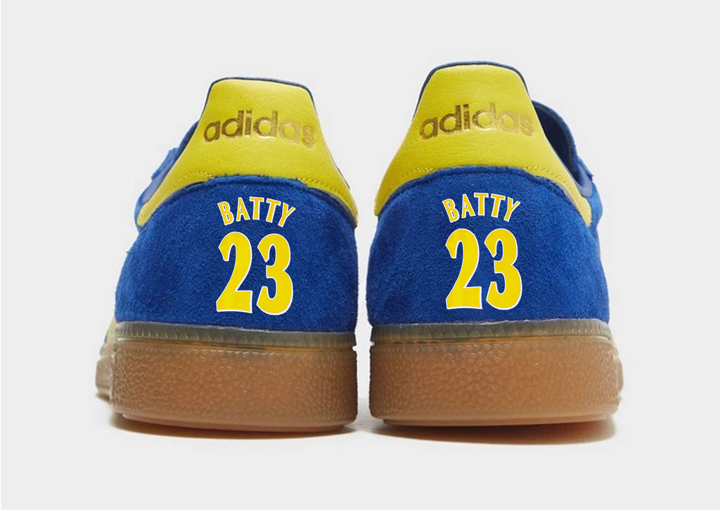 Limited edition Leeds utd FC retro David  Batty inspired blue / yellow suede adidas handball spezial trainers