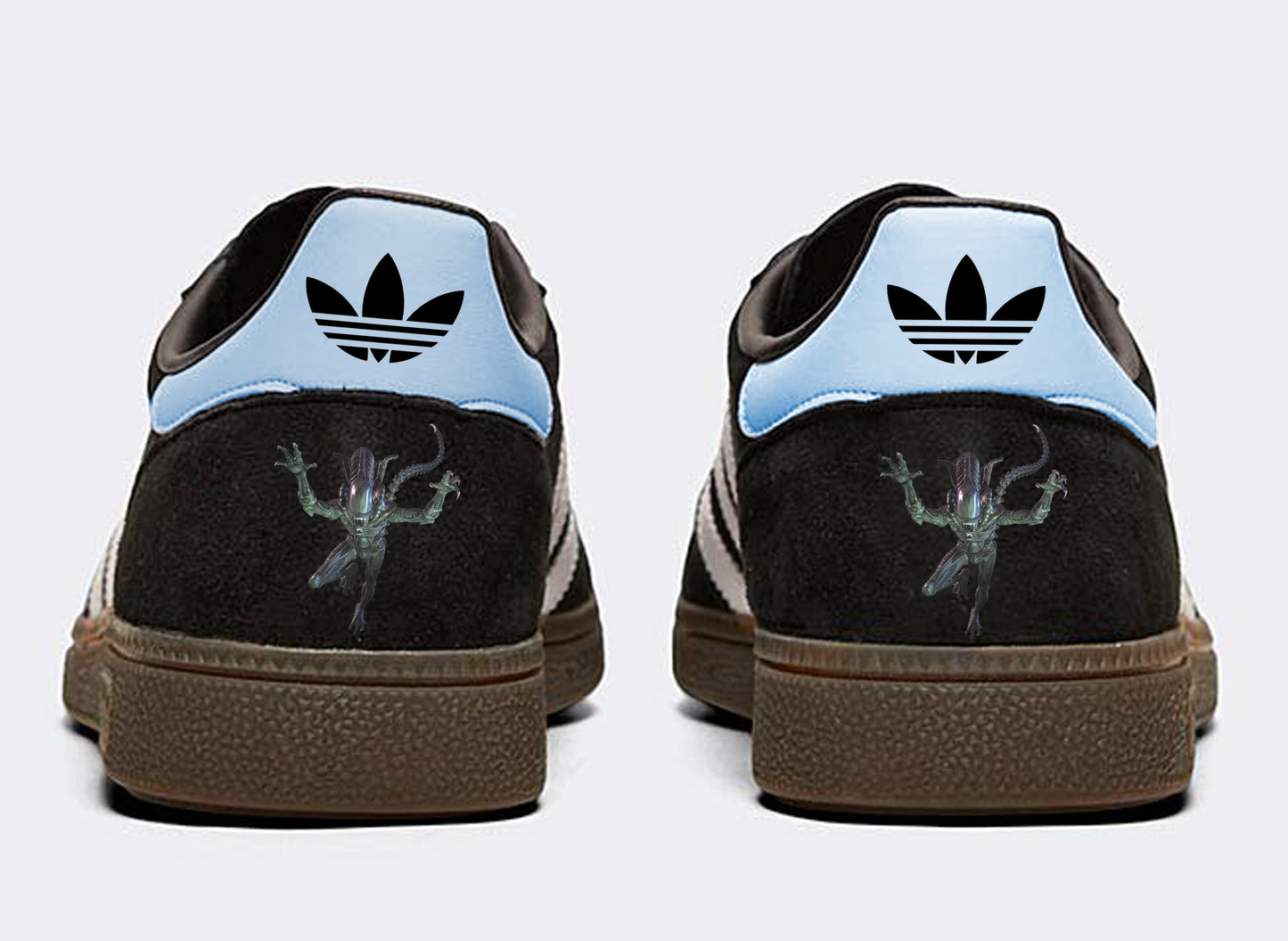 Limited edition Ridley Scotts Aliens inspired black / light blue Adidas Handball Spezial trainers / sneakers
