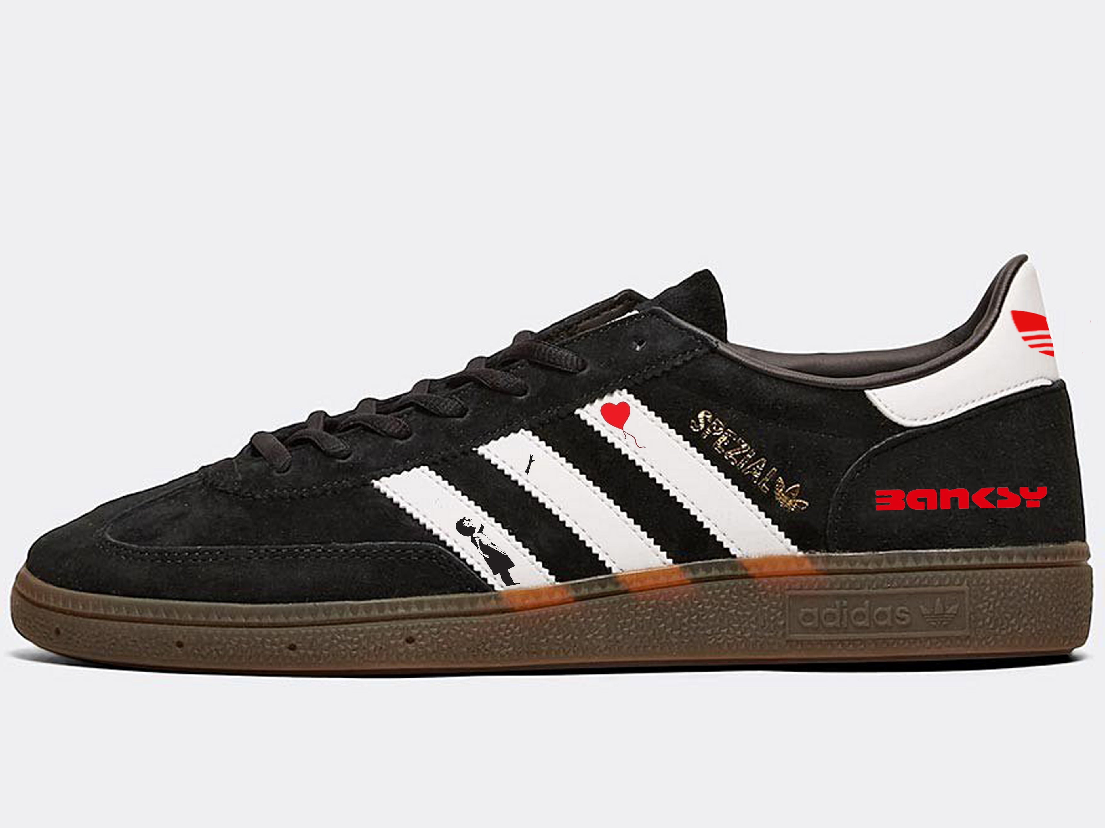 Limited edition Banksy Balloon Girl black/ white/ red Adidas custom Handball Spezial trainers / sneakers