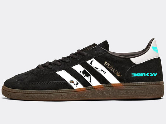 Limited edition Banksy Flower Thrower black/ white/ turquoise Adidas custom Handball Spezial trainers / sneakers