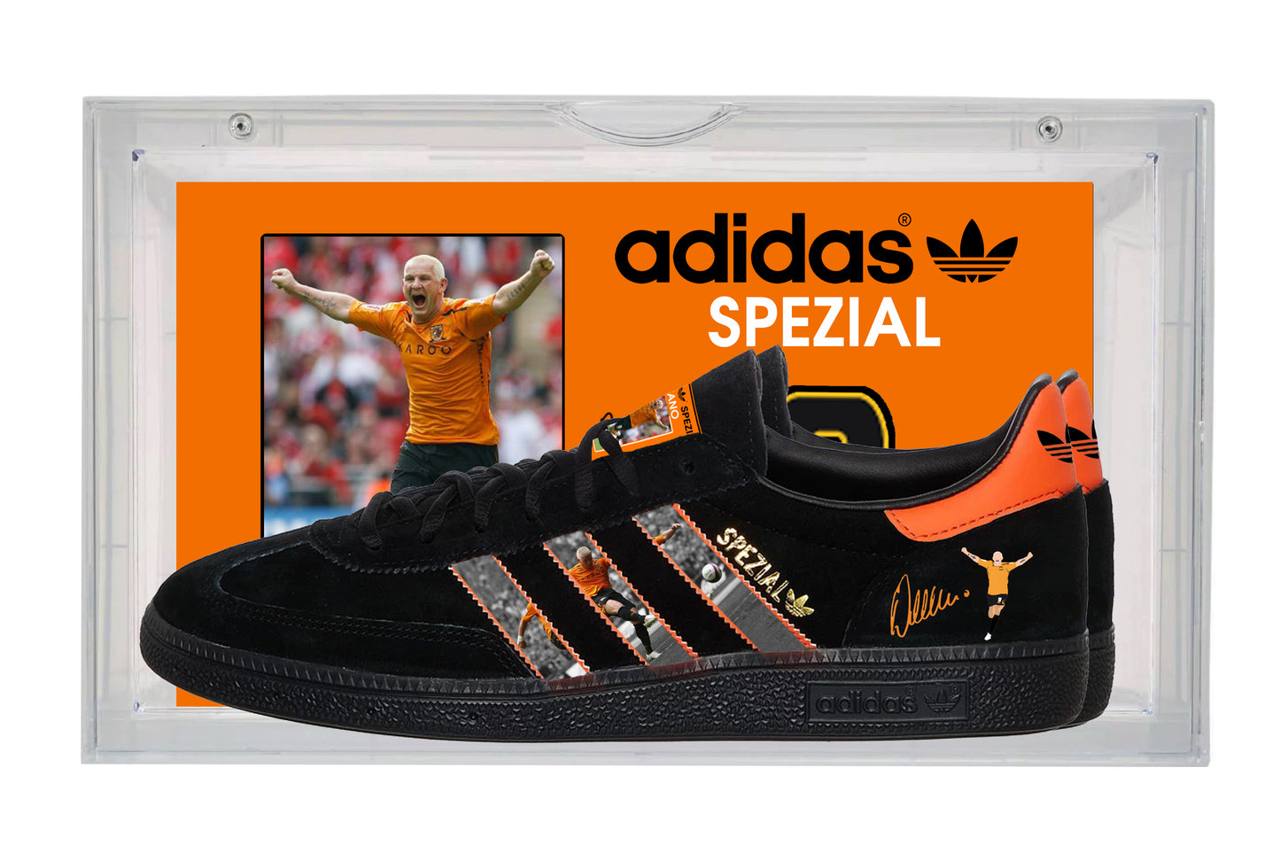 Limited edition Hull City FC Dean Windass inspired black / orange suede Adidas Handball Spezial trainers / sneakers