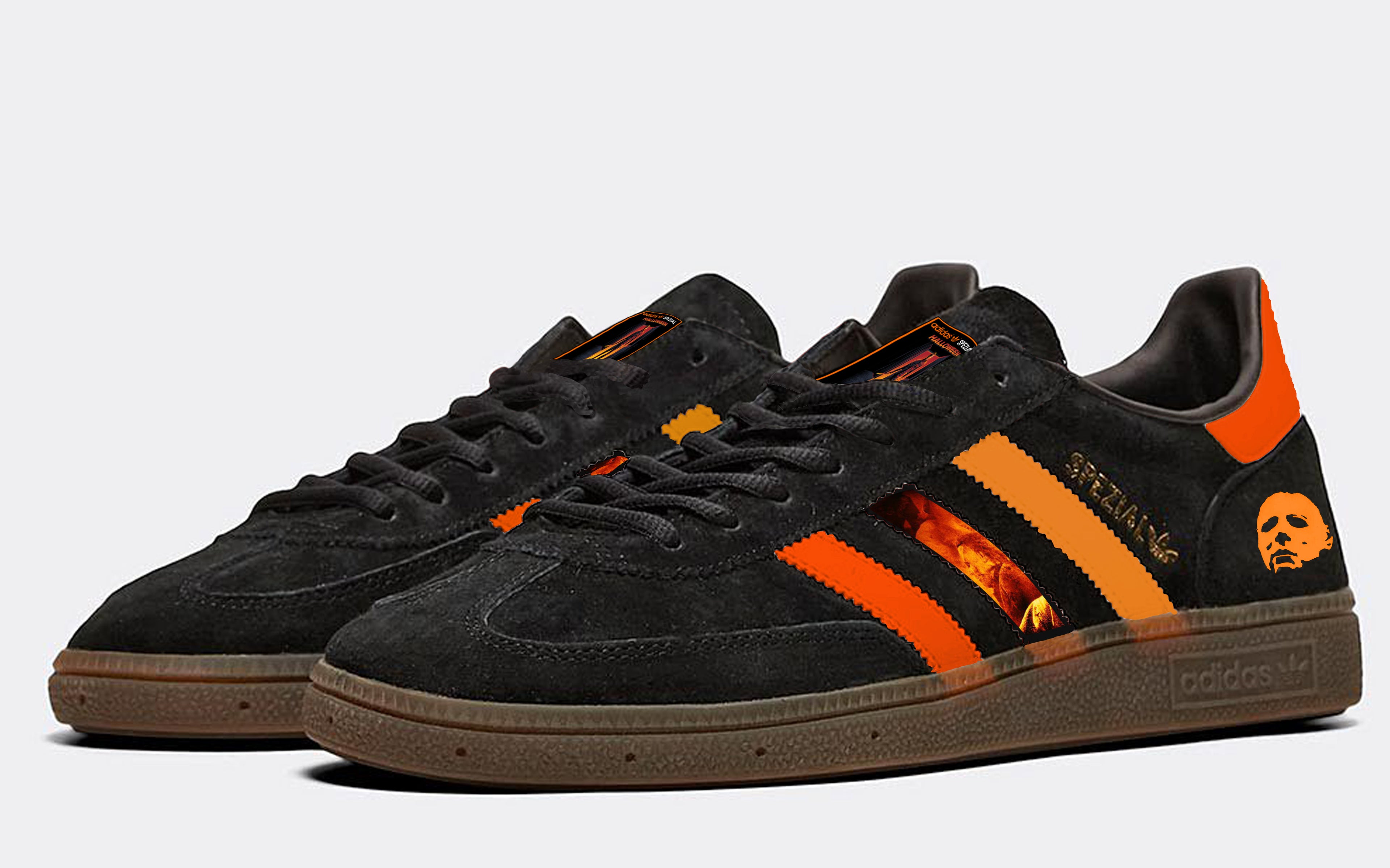 Limited edition John Carpenters Halloween horror movie black / orange Adidas custom Handball Spezial trainers / sneakers