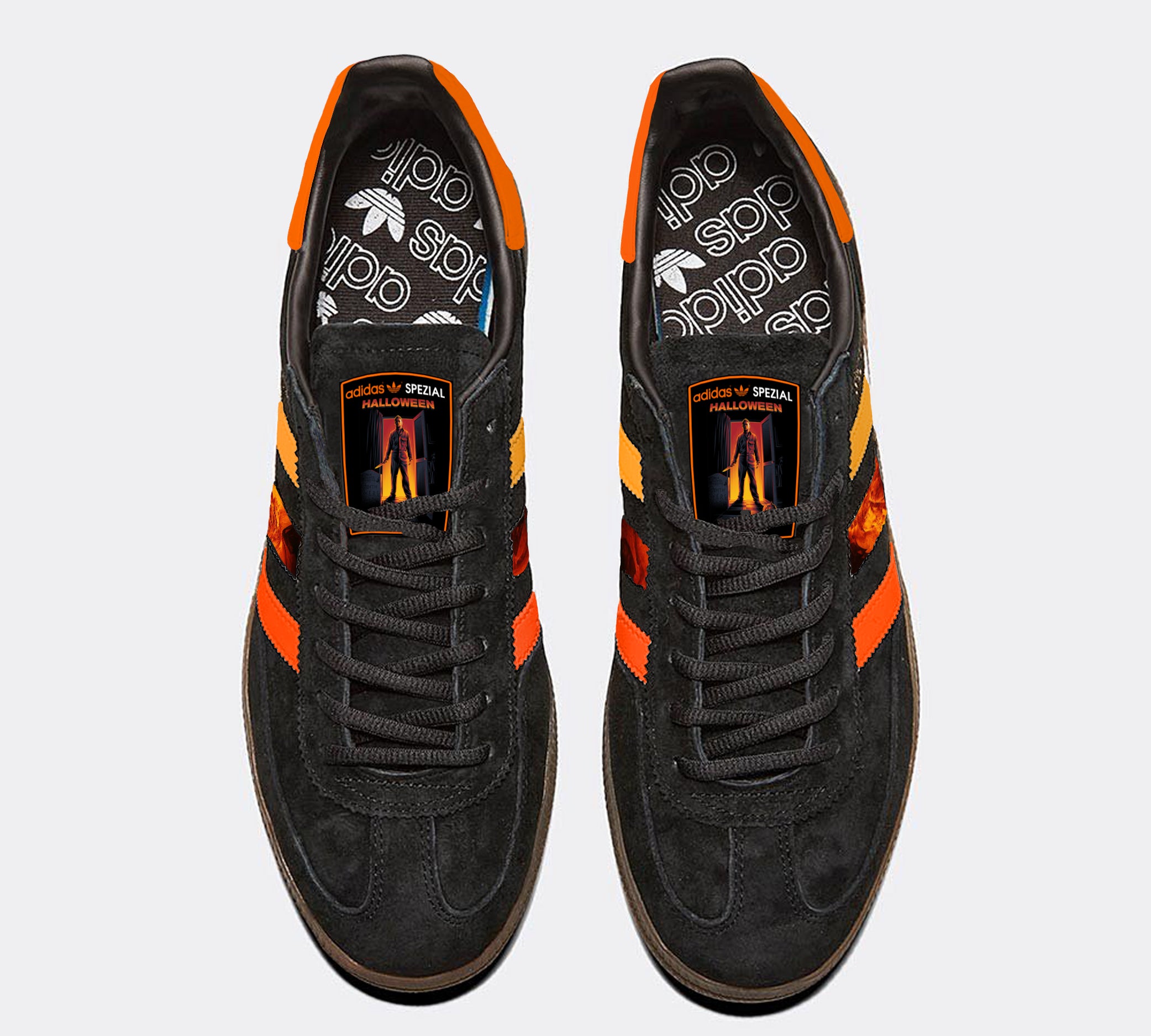 Limited edition John Carpenters Halloween horror movie black / orange Adidas custom Handball Spezial trainers / sneakers