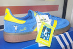 Limited edition Leeds United FC retro Tony Yeboah inspired blue /yellow Adidas custom Handball Spezial trainers / sneakers