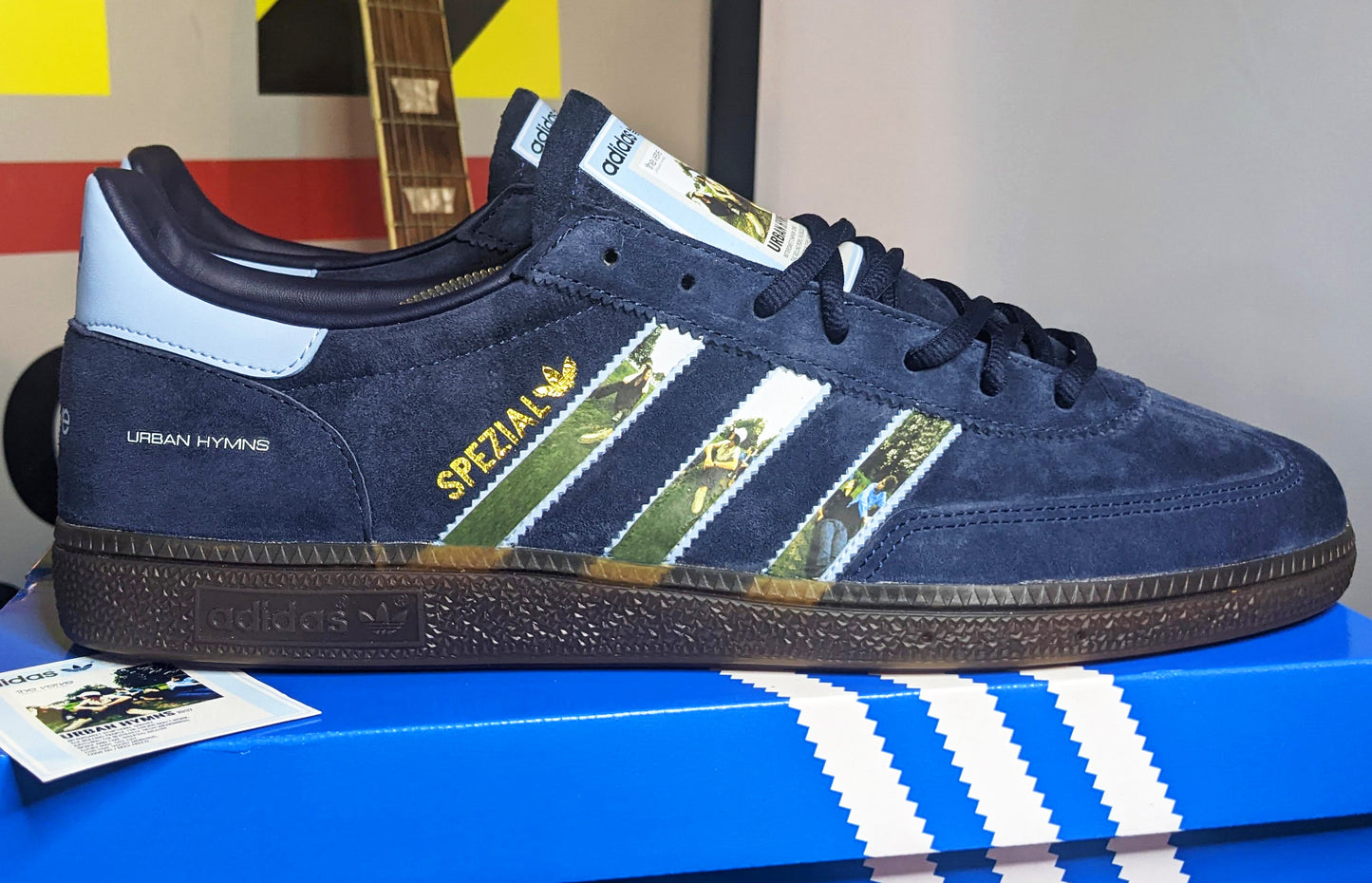 Limited edition The Verve, Urban Hymns inspired navy blue /sky blue Adidas custom Handball Spezial trainers / sneakers