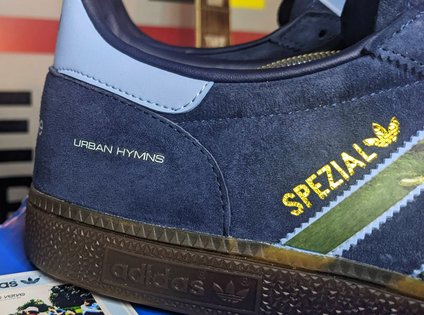 Limited edition The Verve, Urban Hymns inspired navy blue /sky blue Adidas custom Handball Spezial trainers / sneakers