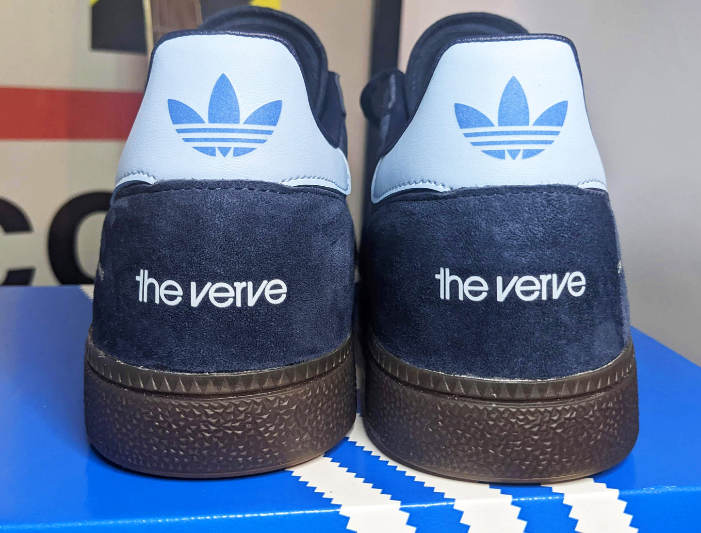 Limited edition The Verve, Urban Hymns inspired navy blue /sky blue Adidas custom Handball Spezial trainers / sneakers