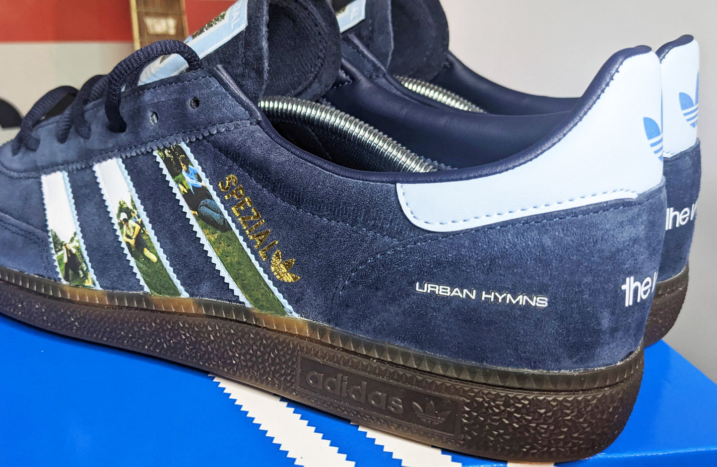 Limited edition The Verve, Urban Hymns inspired navy blue /sky blue Adidas custom Handball Spezial trainers / sneakers