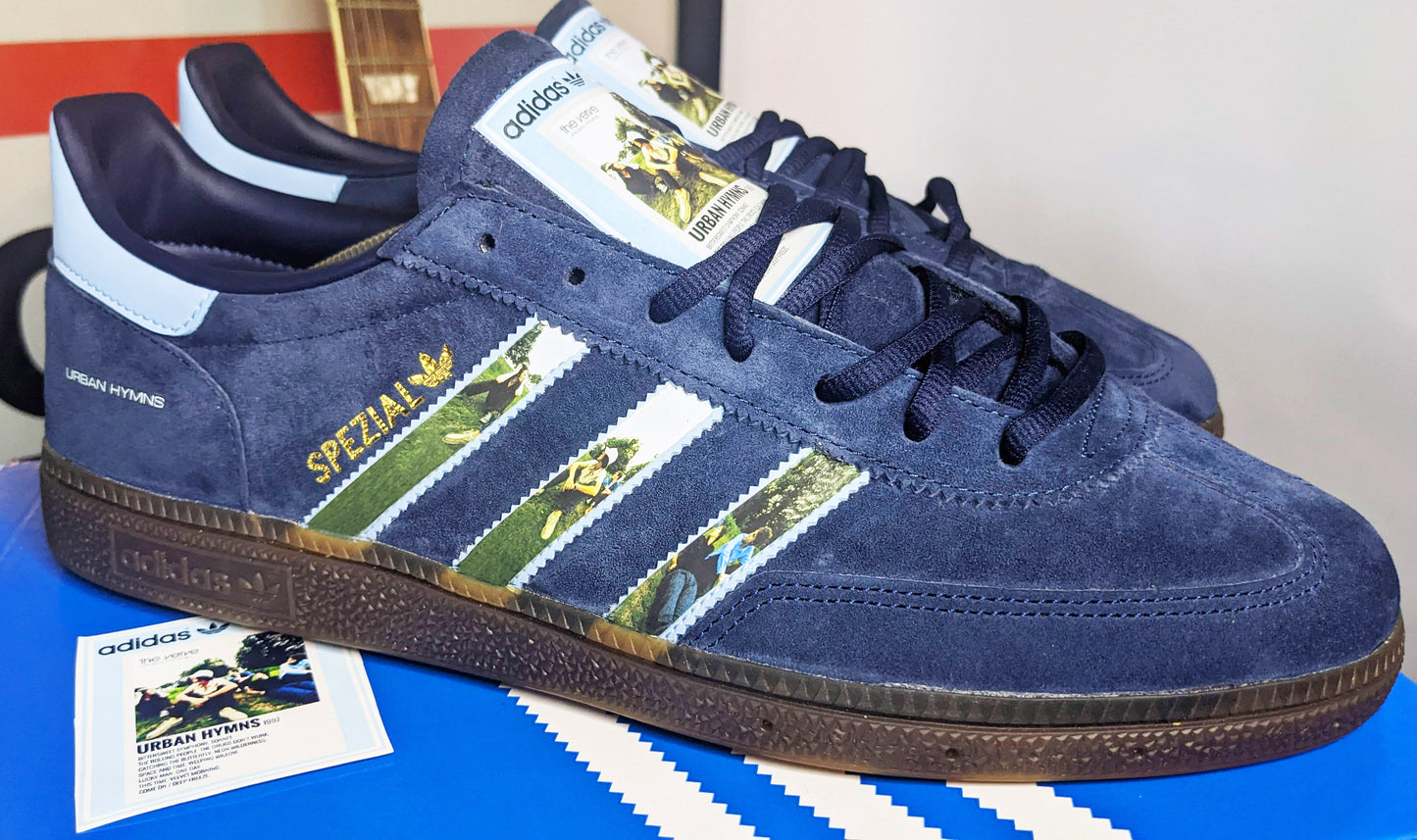 Limited edition The Verve, Urban Hymns inspired navy blue /sky blue Adidas custom Handball Spezial trainers / sneakers