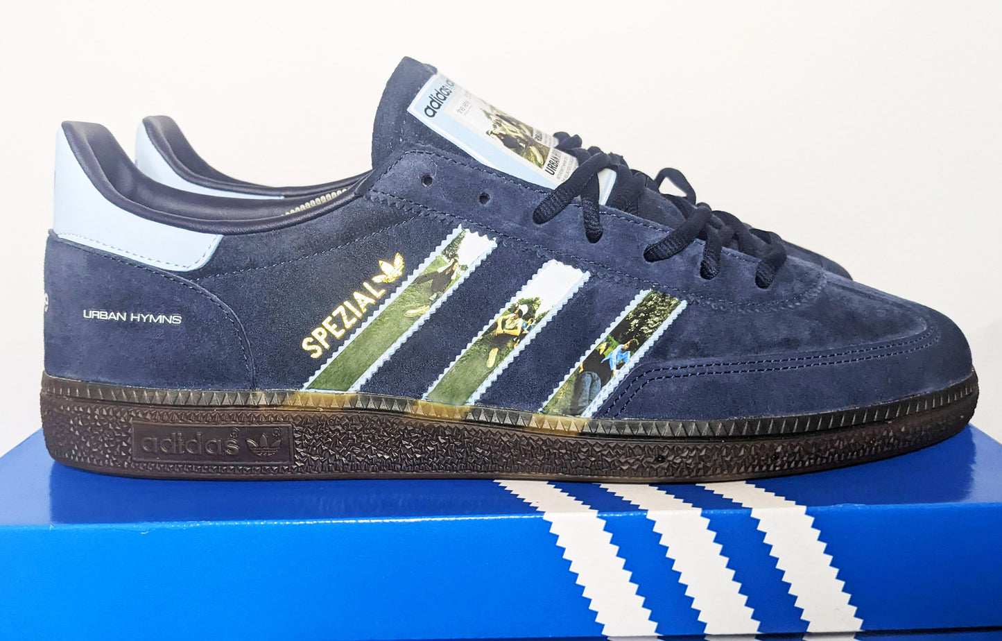 Limited edition The Verve, Urban Hymns inspired navy blue /sky blue Adidas custom Handball Spezial trainers / sneakers