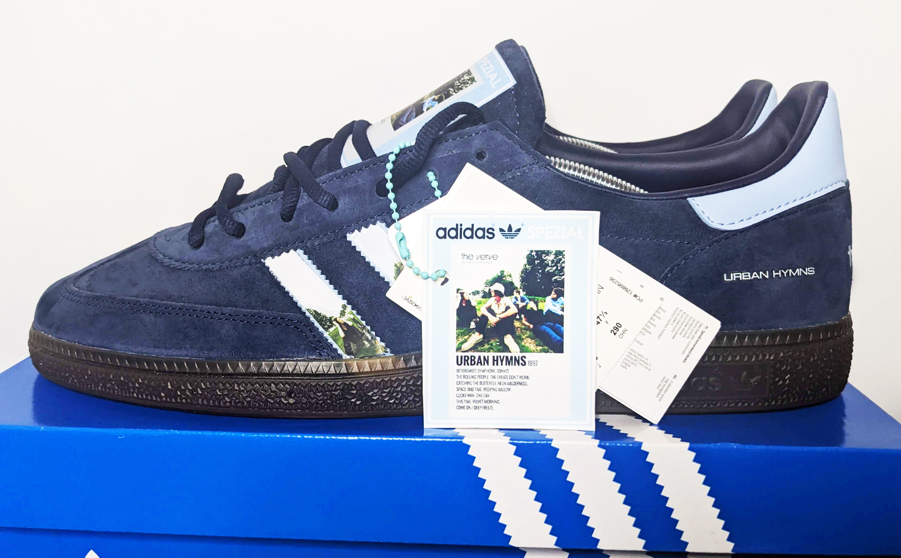 Limited edition The Verve, Urban Hymns inspired navy blue /sky blue Adidas custom Handball Spezial trainers / sneakers