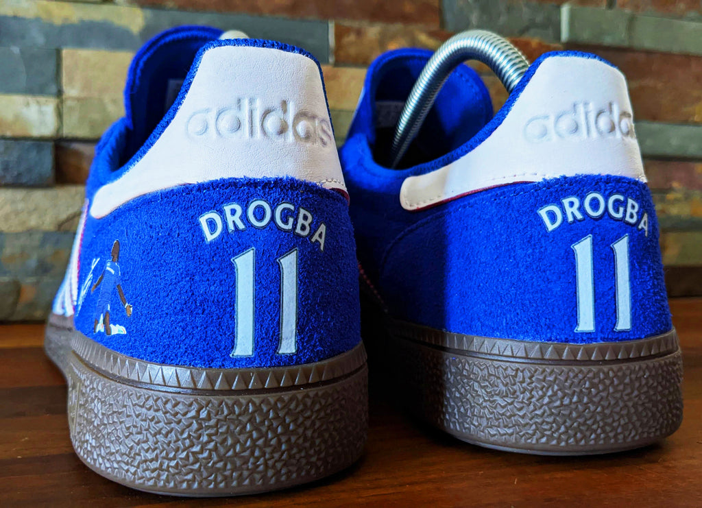 Limited edition Chelsea FC Didier Drogba inspired blue /white/ suede Adidas custom Handball Spezial  trainers / sneakers