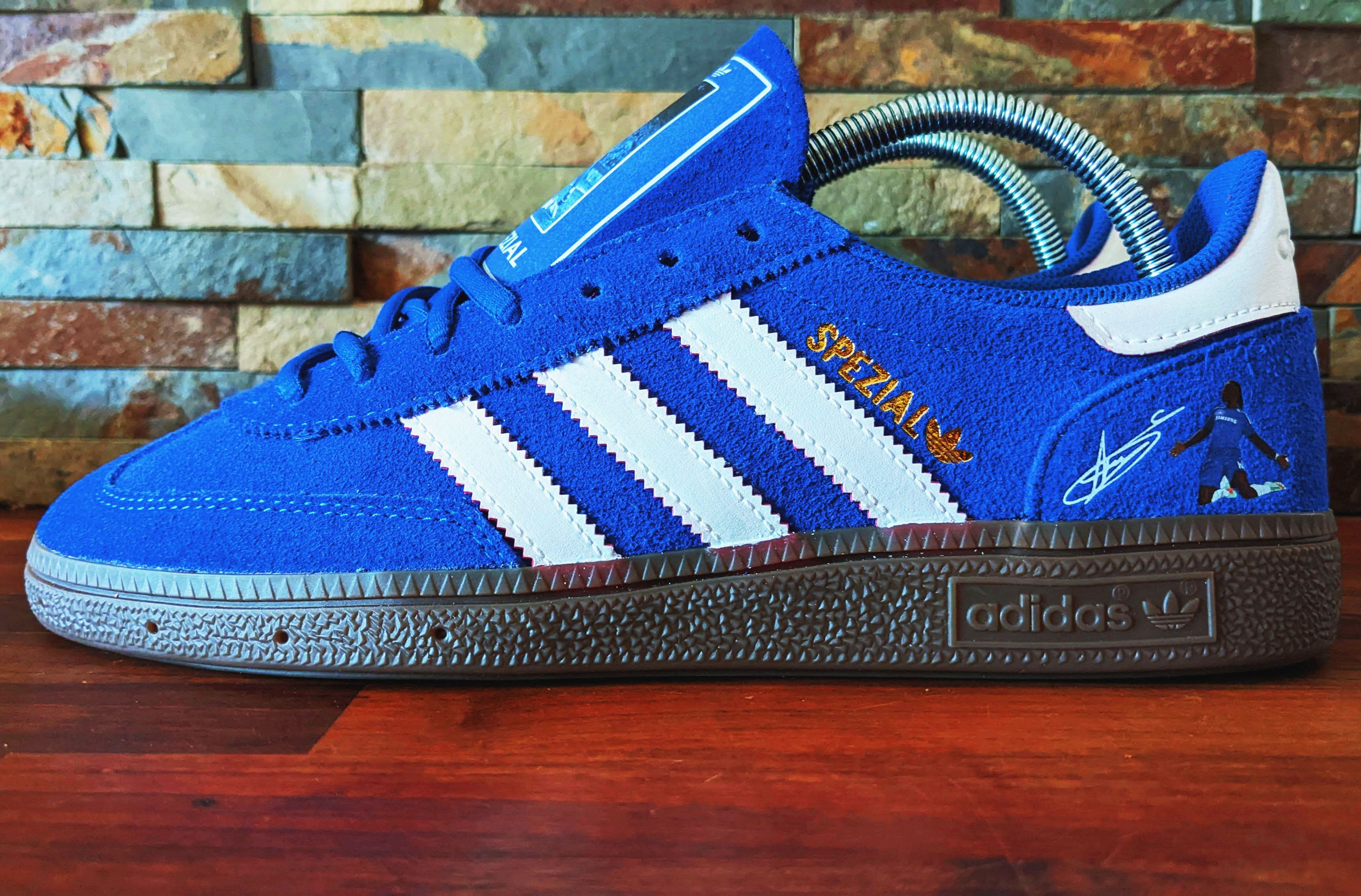 Limited edition Chelsea FC Didier Drogba inspired blue /white/ suede Adidas custom Handball Spezial  trainers / sneakers