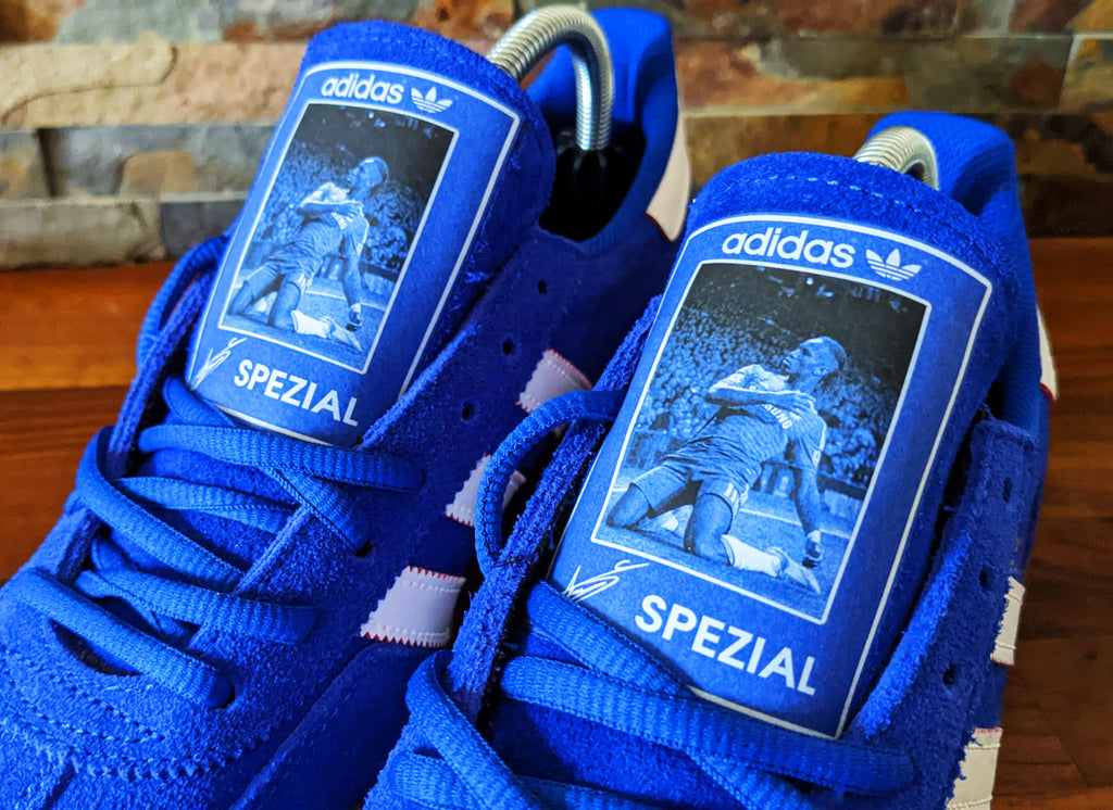 Limited edition Chelsea FC Didier Drogba inspired blue /white/ suede Adidas custom Handball Spezial  trainers / sneakers