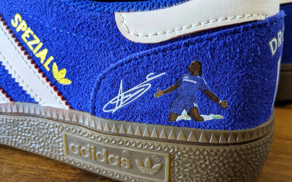 Limited edition Chelsea FC Didier Drogba inspired blue /white/ suede Adidas custom Handball Spezial  trainers / sneakers