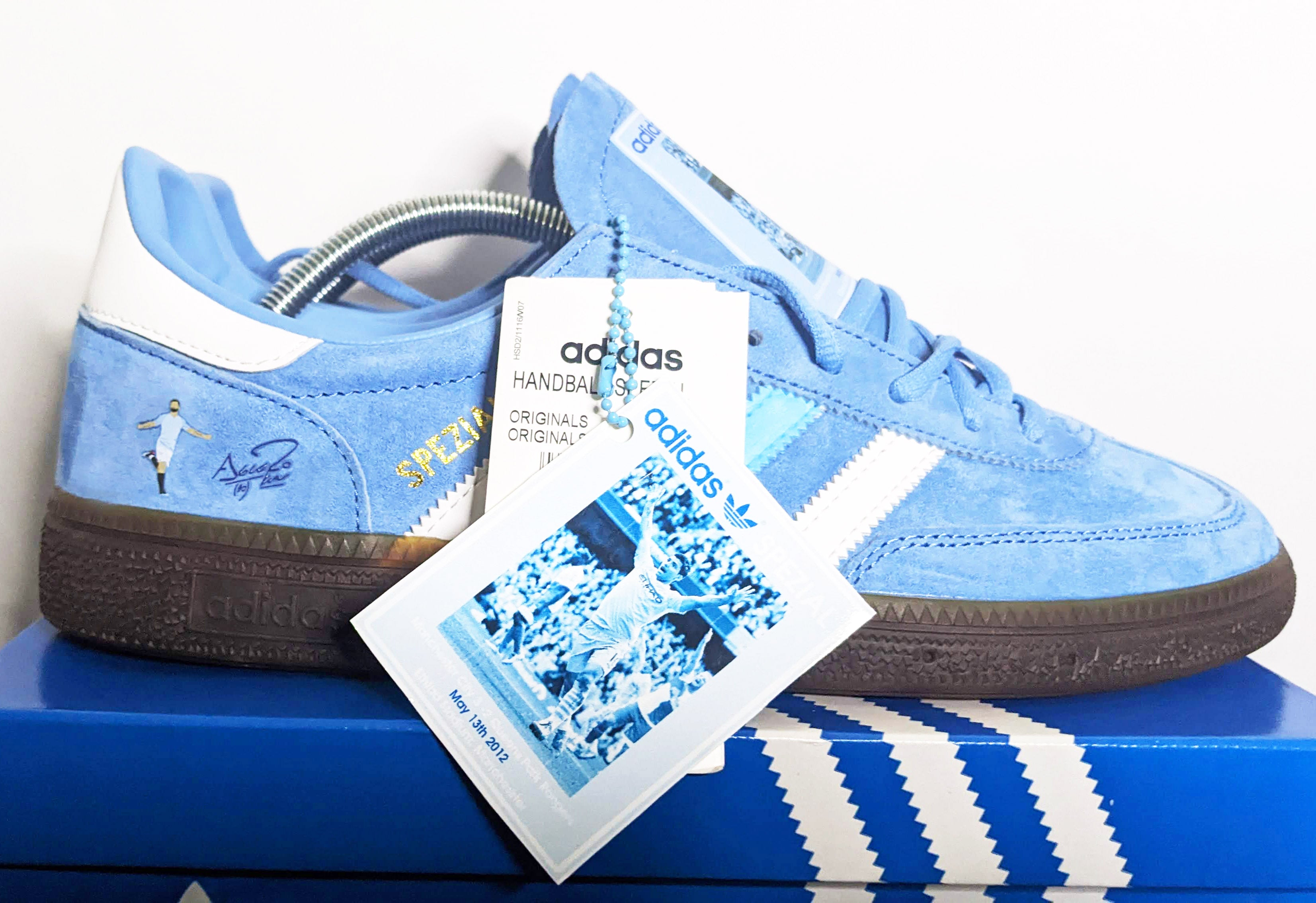 Limited edition Manchester City Sergio Aguero inspired Blue /White/ Adidas Handball Spezial trainers / sneakers