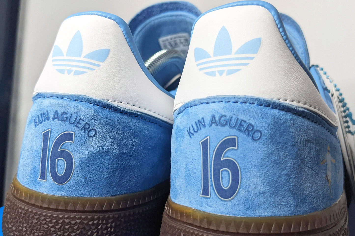 Limited edition Manchester City Sergio Aguero inspired Blue /White/ Adidas Handball Spezial trainers / sneakers