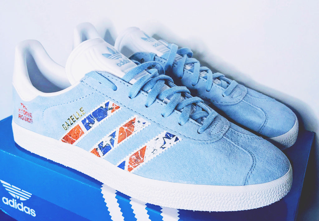 Limited edition The Stone Roses Waterfall light blue / white Adidas custom Gazelle trainers / sneakers