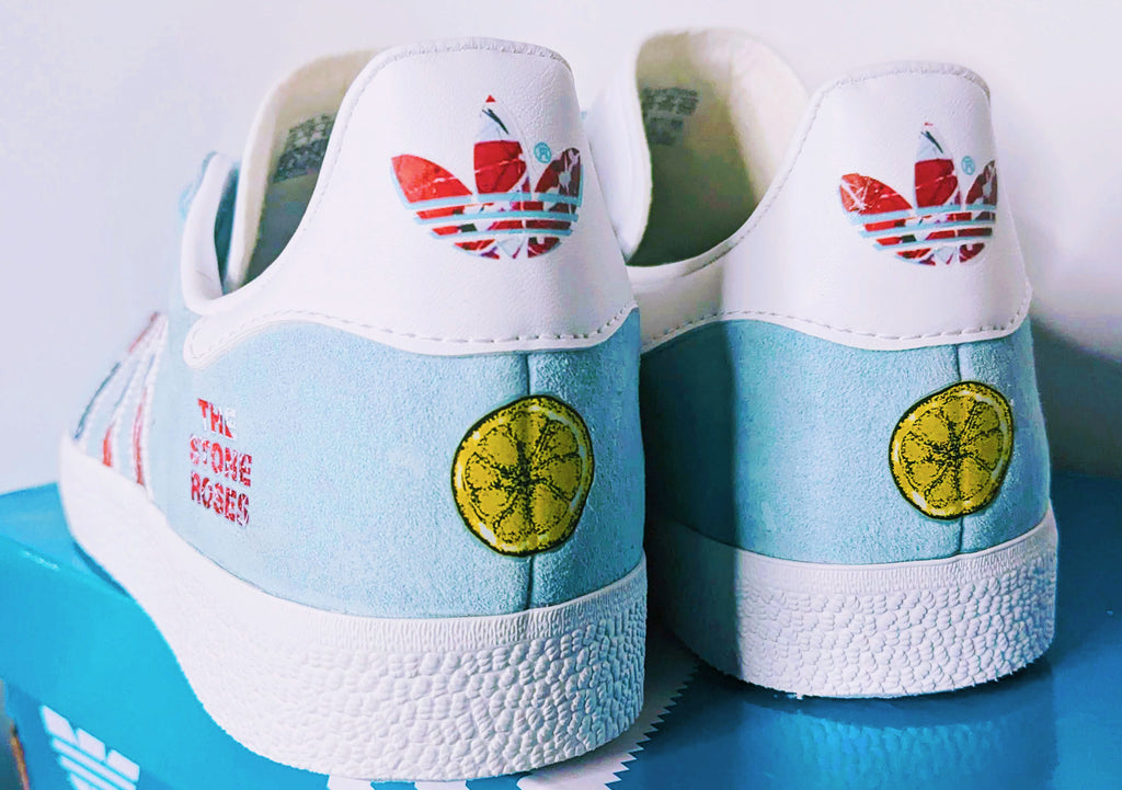 Limited edition The Stone Roses Waterfall light blue / white Adidas custom Gazelle trainers / sneakers