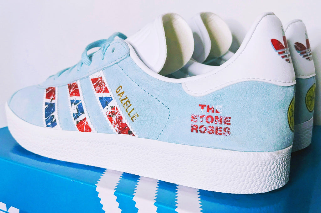 Limited edition The Stone Roses Waterfall light blue / white Adidas custom Gazelle trainers / sneakers