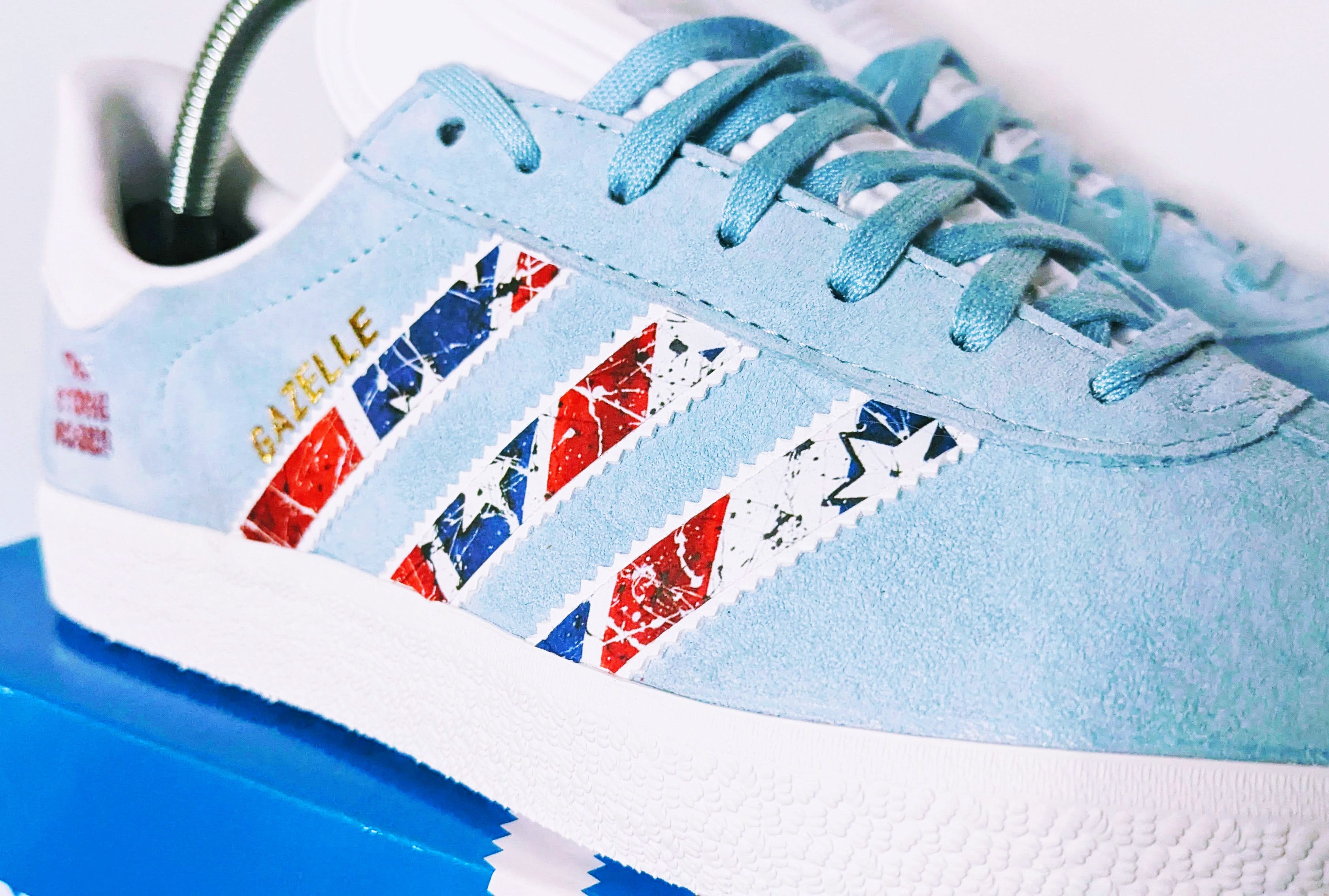 Limited edition The Stone Roses Waterfall light blue / white Adidas custom Gazelle trainers / sneakers