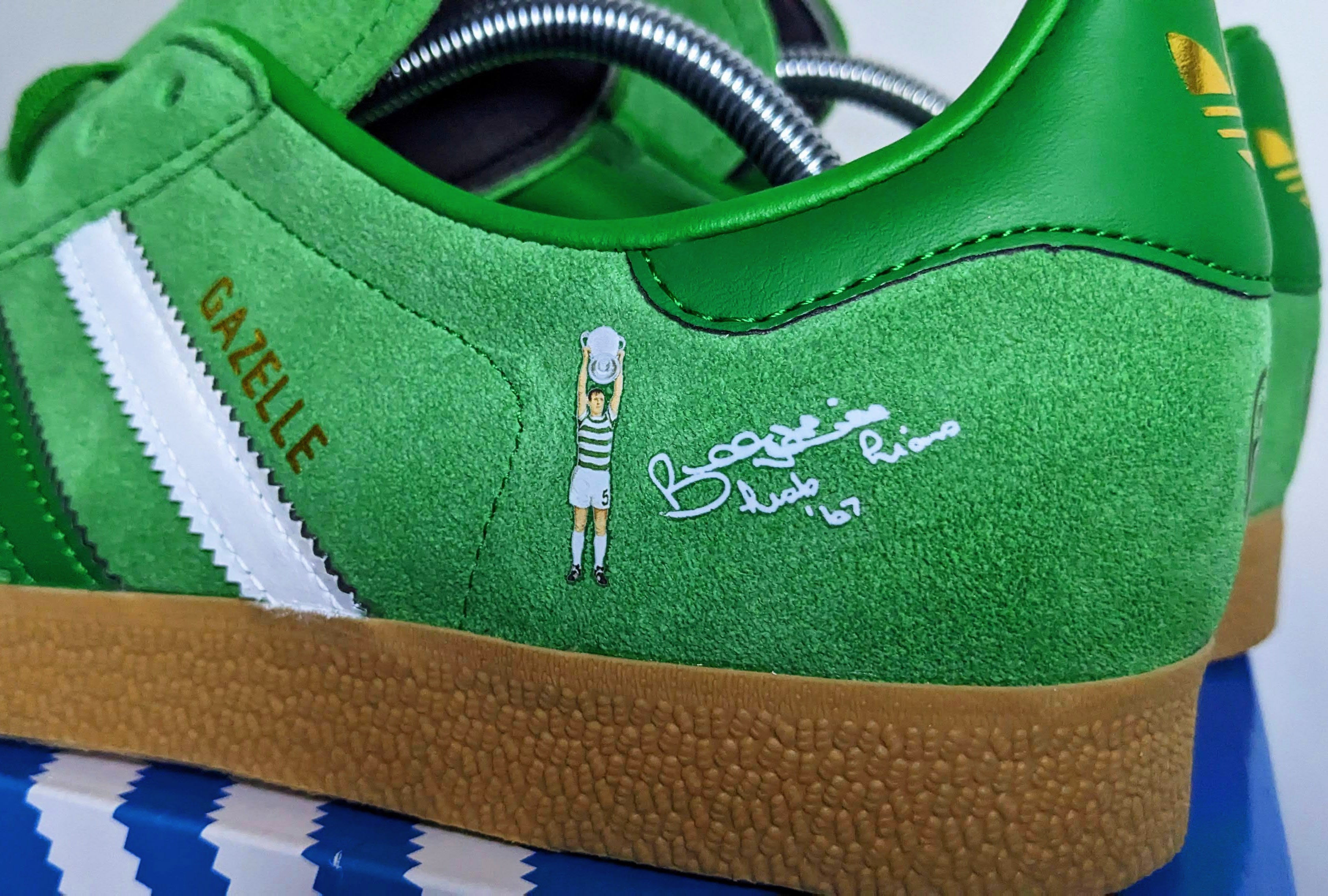 Limited edition Celtics FC European champions 67 green / white Adidas custom Gazelle trainers / sneakers