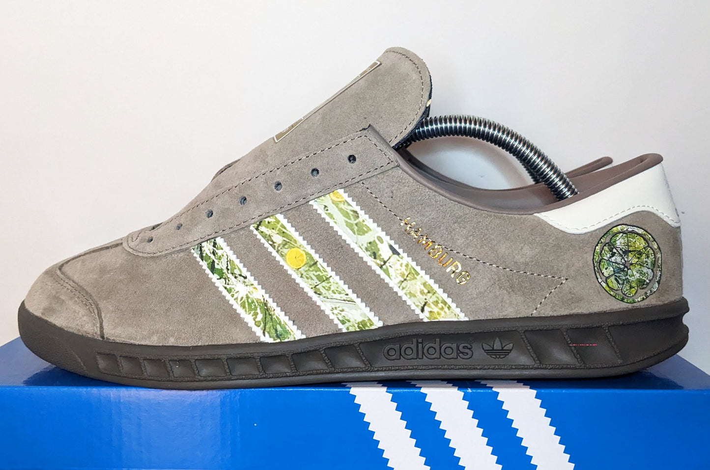 Limited edition The Stone Roses album chalky brown / white suede Adidas custom Hamburg trainers / sneakers