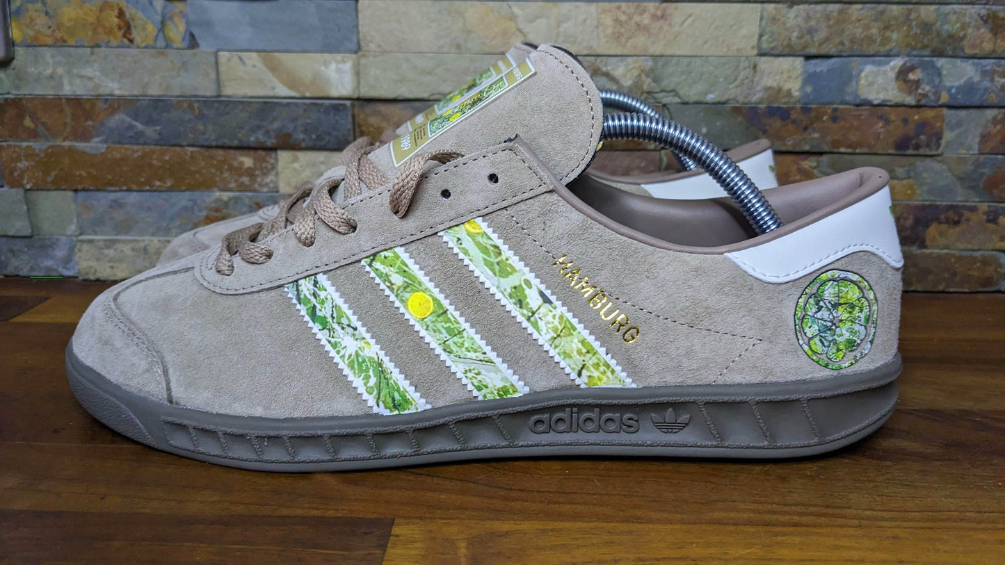Limited edition The Stone Roses album chalky brown / white suede Adidas custom Hamburg trainers / sneakers