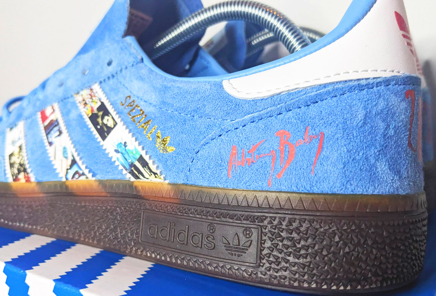 Limited edition U2 Achtung Baby Sky blue / white Adidas custom Handball Spezial trainers / sneakers