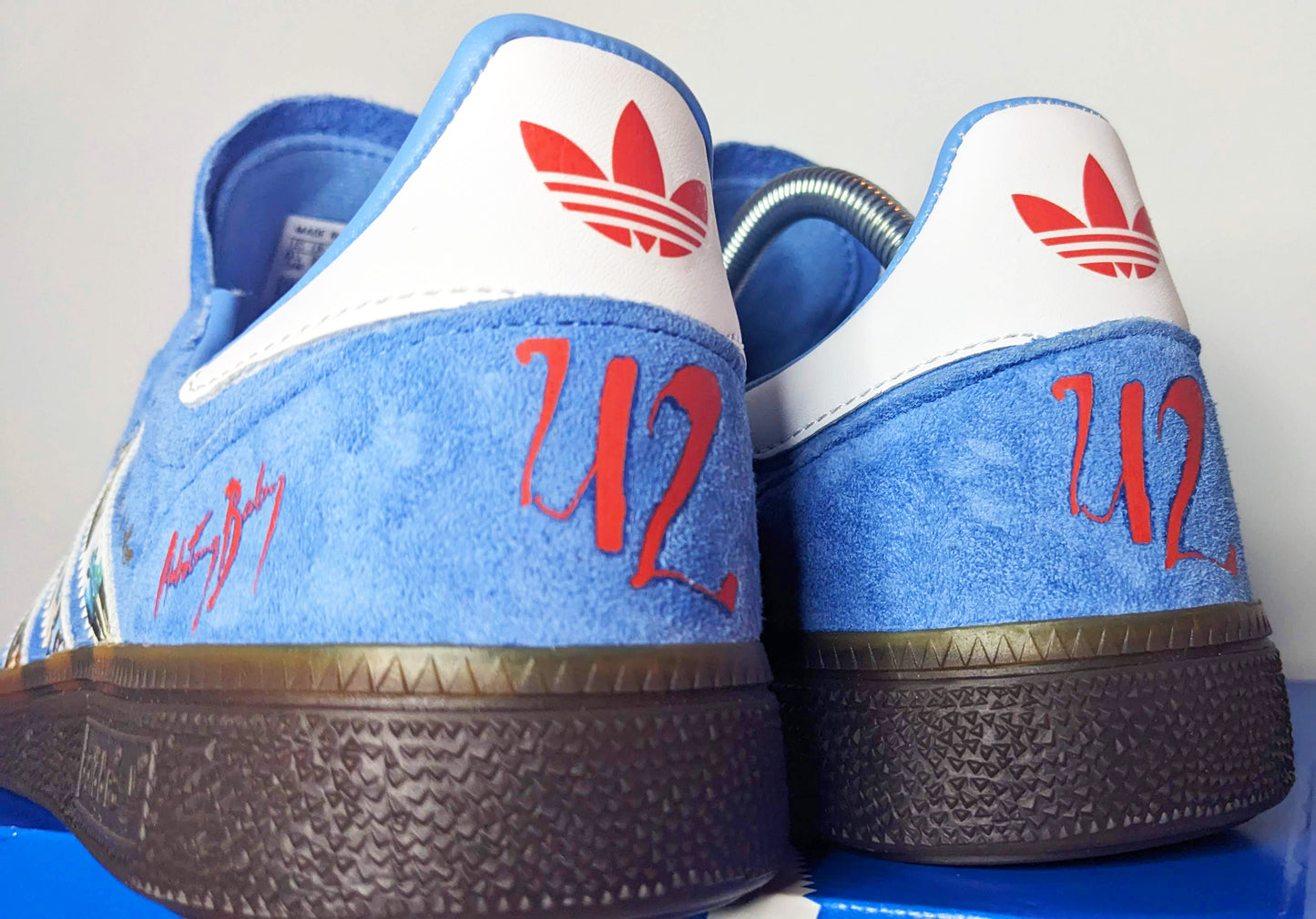 Limited edition U2 Achtung Baby Sky blue / white Adidas custom Handball Spezial trainers / sneakers