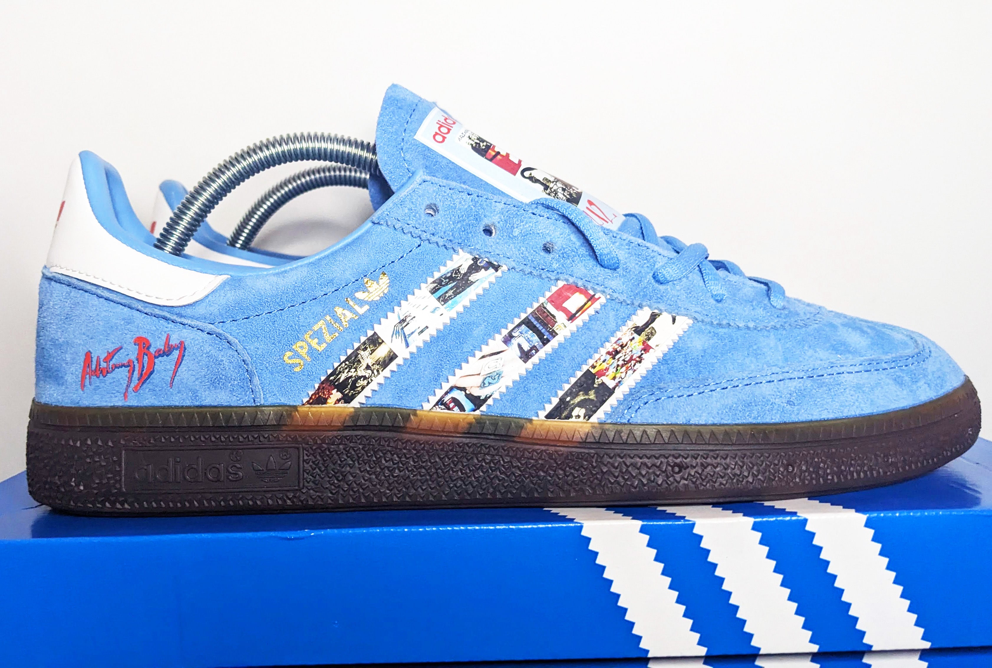 Limited edition U2 Achtung Baby Sky blue / white Adidas custom Handball Spezial trainers / sneakers